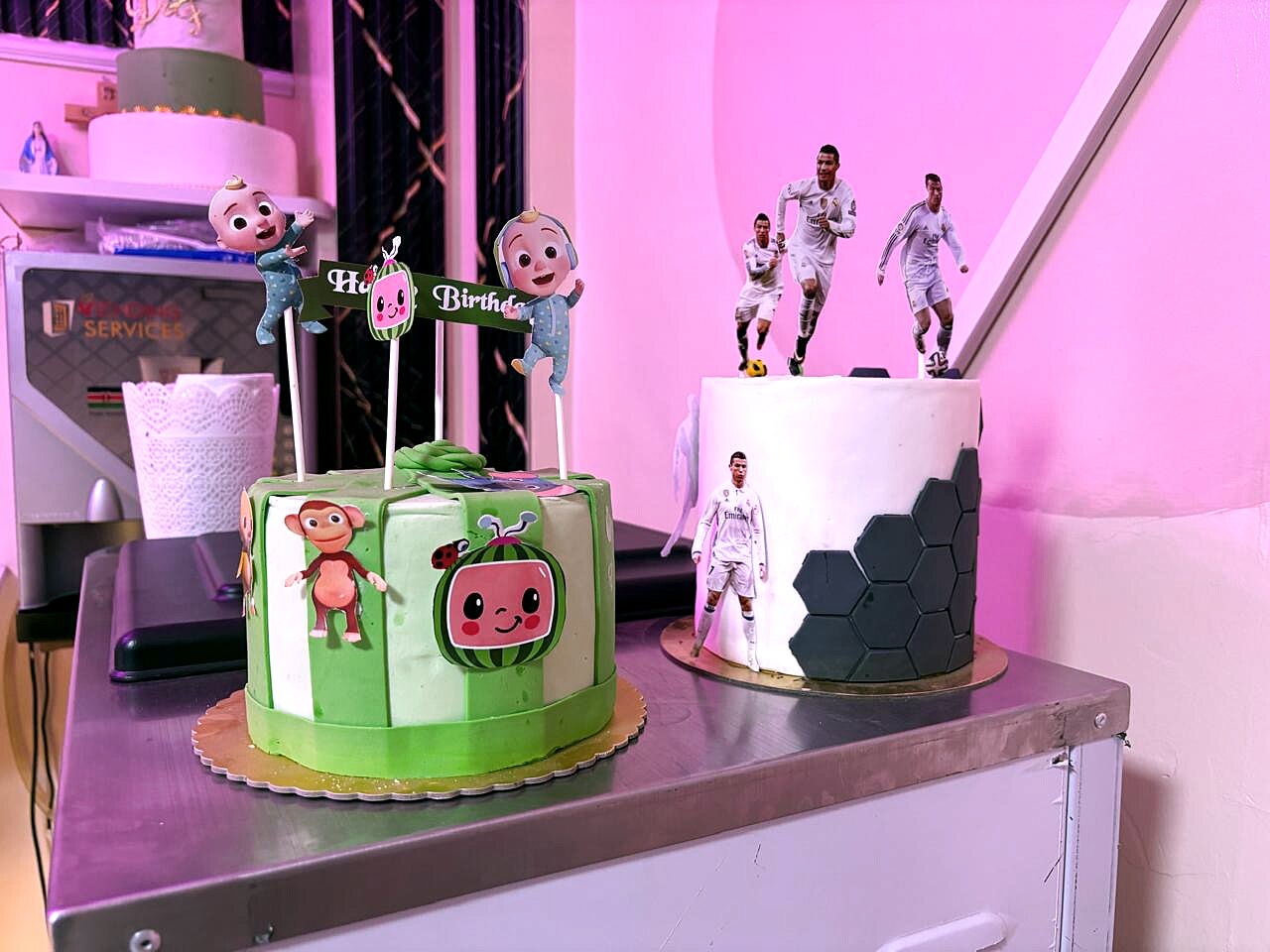 Themed Cocomelon and football celebration cakes