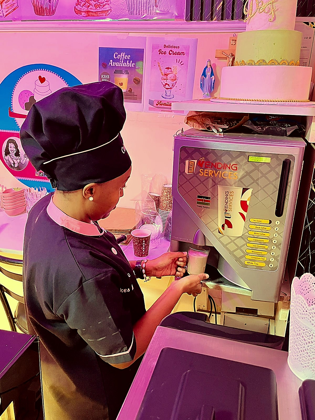 Phlo preparing a fresh hot drink at the Cakes by Phlo coffee station