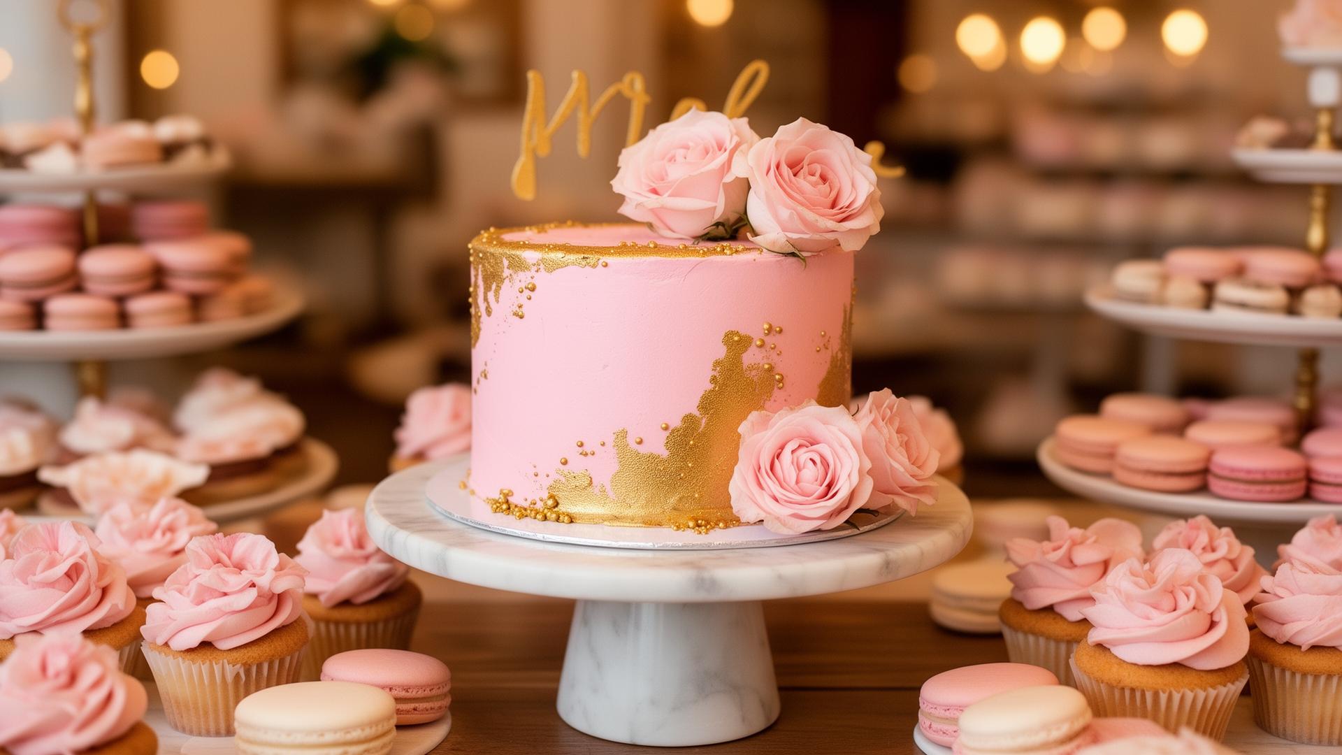 Pink and gold birthday cake